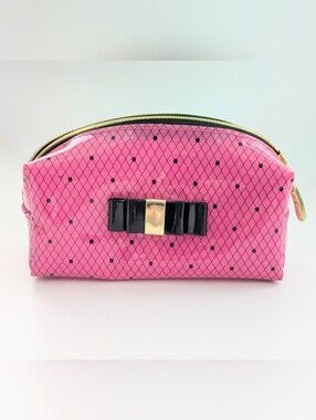 Hot Pink Polka Dot Cosmetic/Make-Up/Travel Pouch/Bag w/Gold Zipper & Bow Accent
